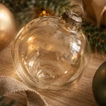 Boule de noël en verre soufflé artisanale alsace sur table en bois