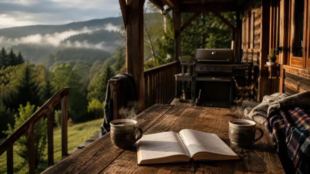 Chalet dans vosges : porche en bois et terrasse