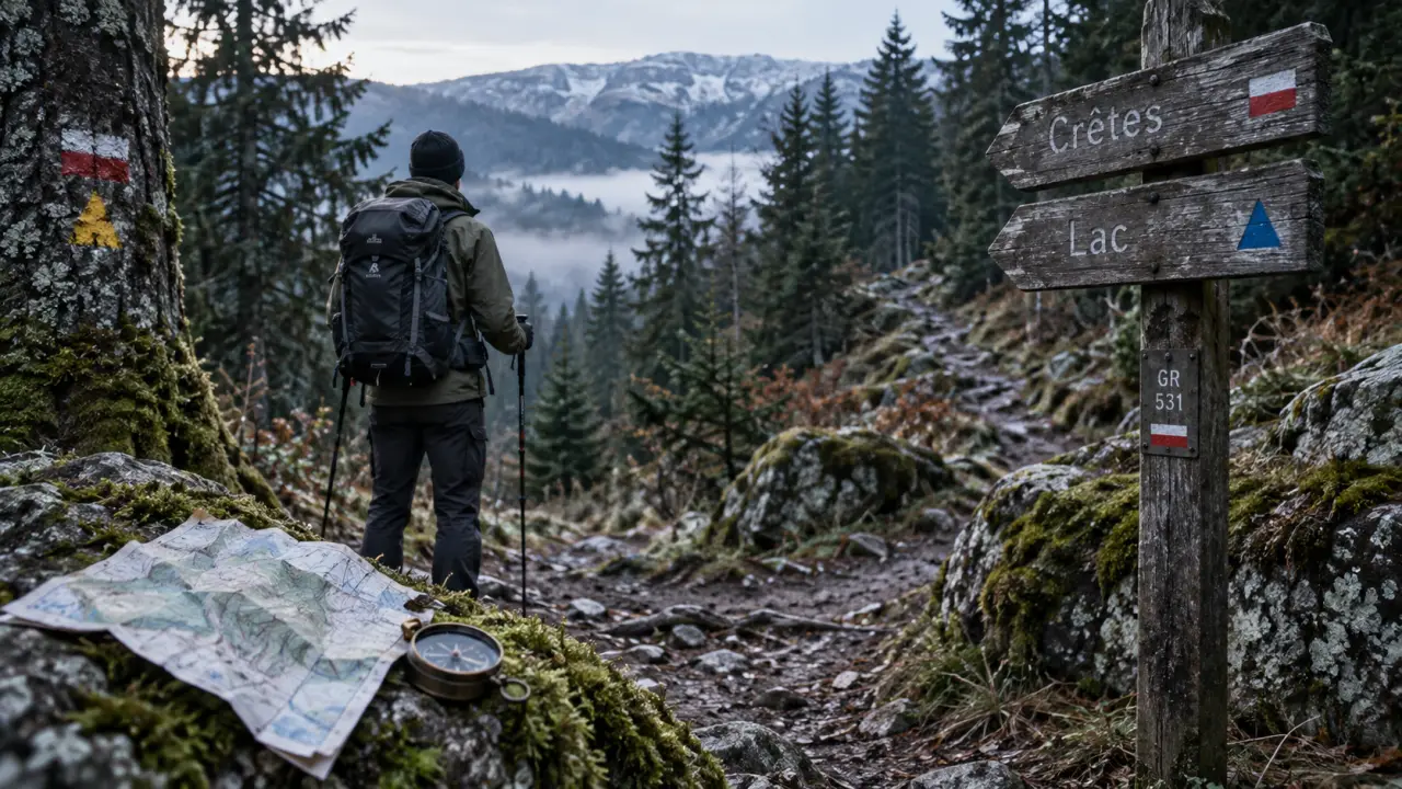 Chemin de randonnée vosges : panneau crêtes et lac, balisage en forêt