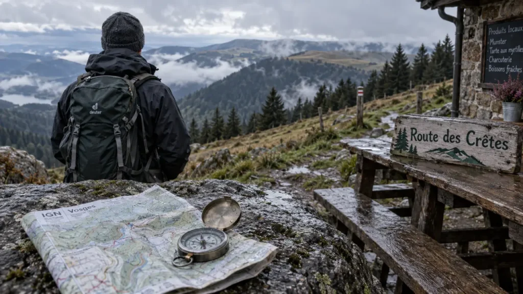 Circuits de randonnée pédestre dans les Vosges : belvédère sur les crêtes, carte IGN et sac