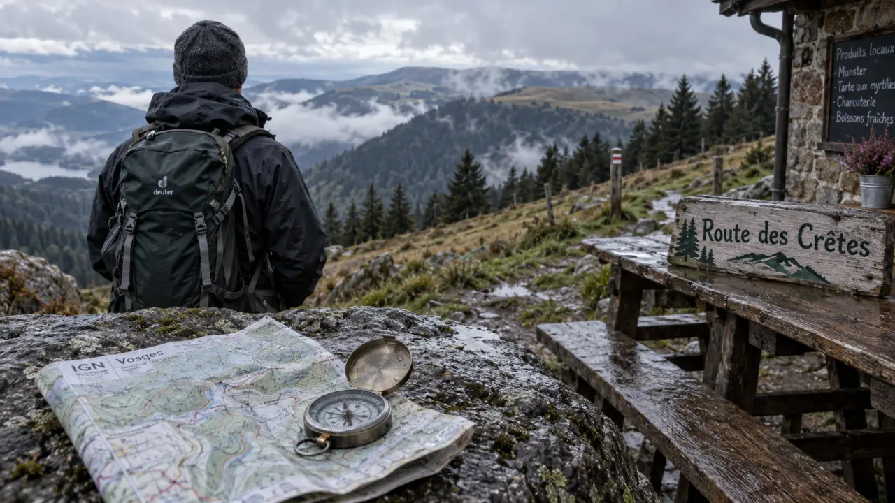Circuits de randonnée pédestre dans les Vosges : belvédère sur les crêtes, carte IGN et sac