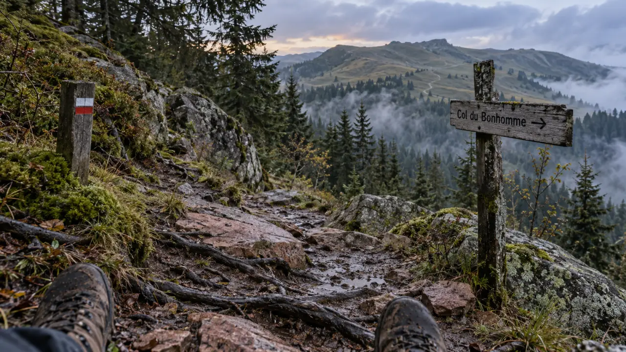 Col du bonhomme vosges randonnée : sentier en forêt vosgienne et balisage