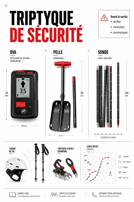 Matériel de sécurité ski rando avec DVA, pelle et sonde