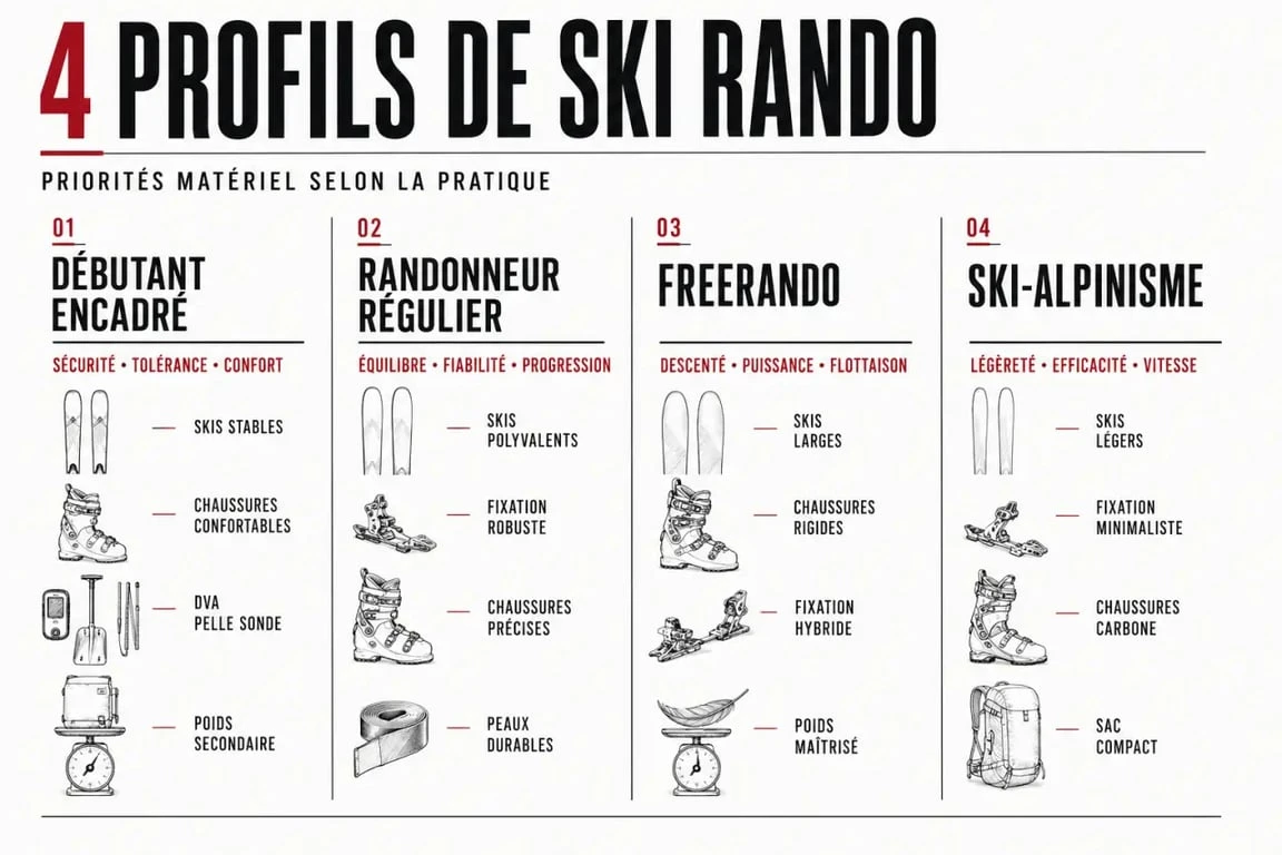Tableau visuel ski rando des profils et du matériel recommandé