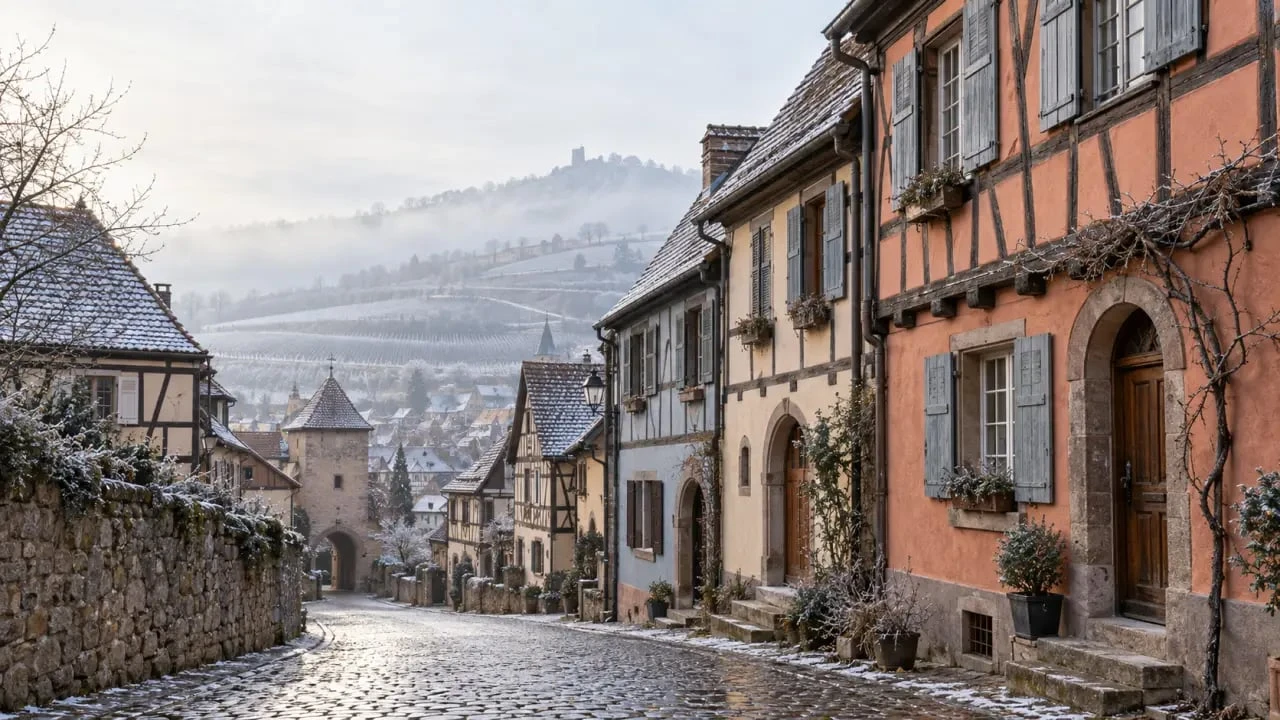 Que visiter en Alsace en hiver : village de la route des vins sous la brume