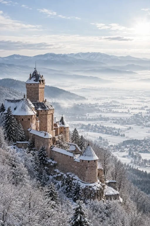 Que visiter en Alsace en hiver : château du Haut-Koenigsbourg enneigé
