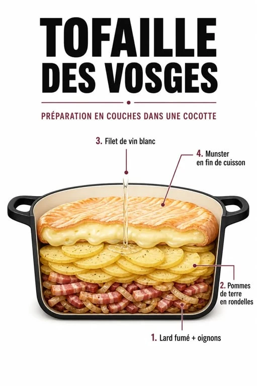 Montage en couches de la tofaille des Vosges munster dans une cocotte