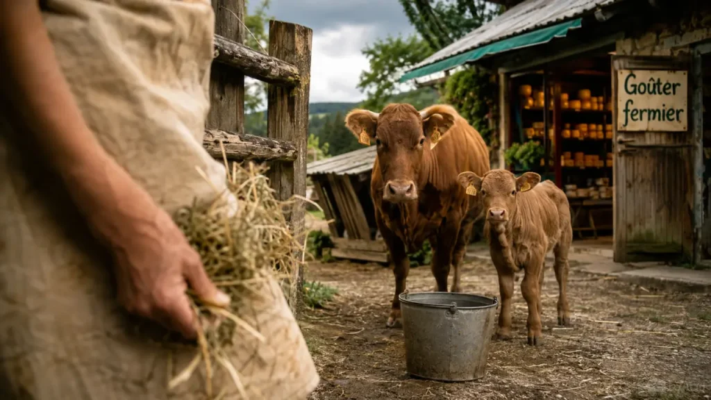 Ferme a visiter vosges : goûter fermier, vache et veau, botte de foin