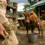 Ferme a visiter vosges : goûter fermier, vache et veau, botte de foin