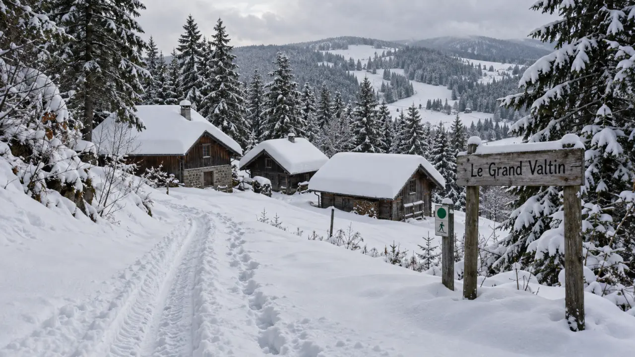 Le grand Valtin : chalets enneigés et panneau près d’une piste verte