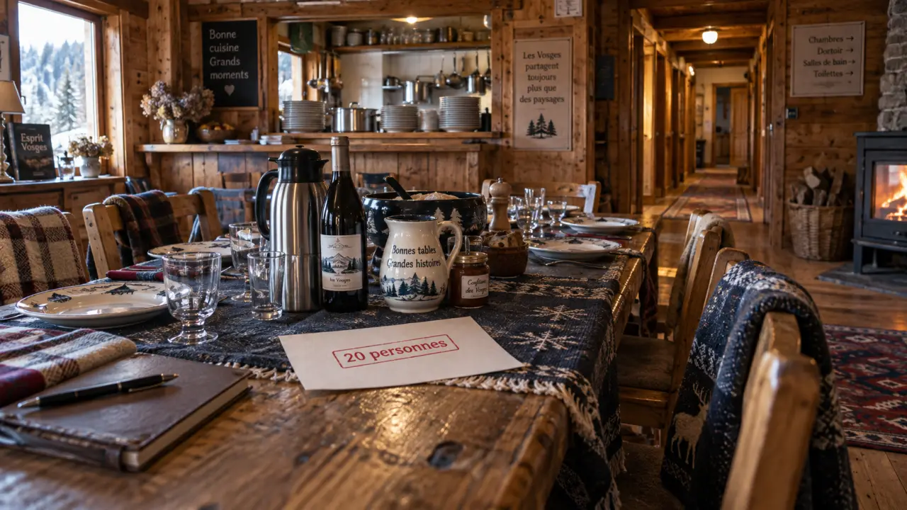 Salon chalet Vosges pour location week end 20 personnes, table et couchages