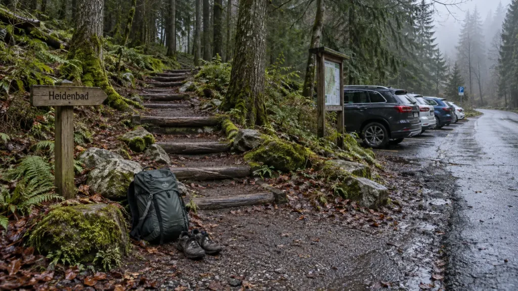 Parking cascade du Heidenbad, sac à dos près du sentier