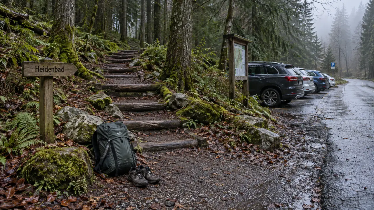Parking cascade du Heidenbad, sac à dos près du sentier