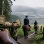 Randonnée a cheval dans les Vosges : cavaliers sur sentier forestier