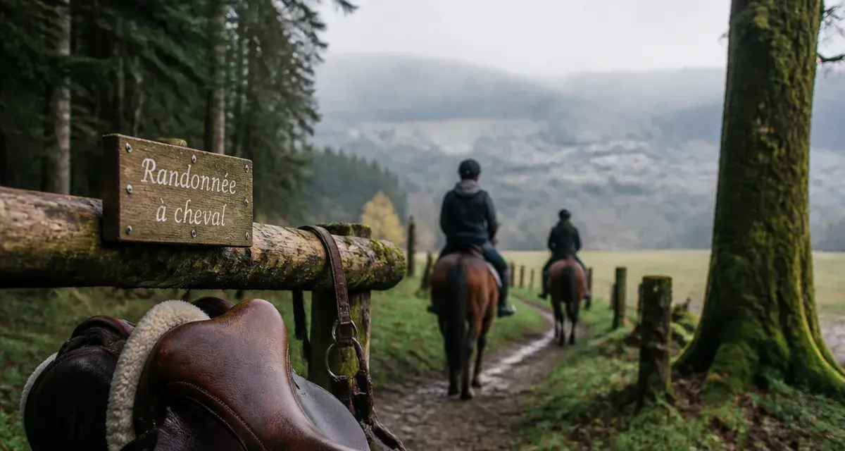 Randonnée a cheval dans les Vosges : cavaliers sur sentier forestier