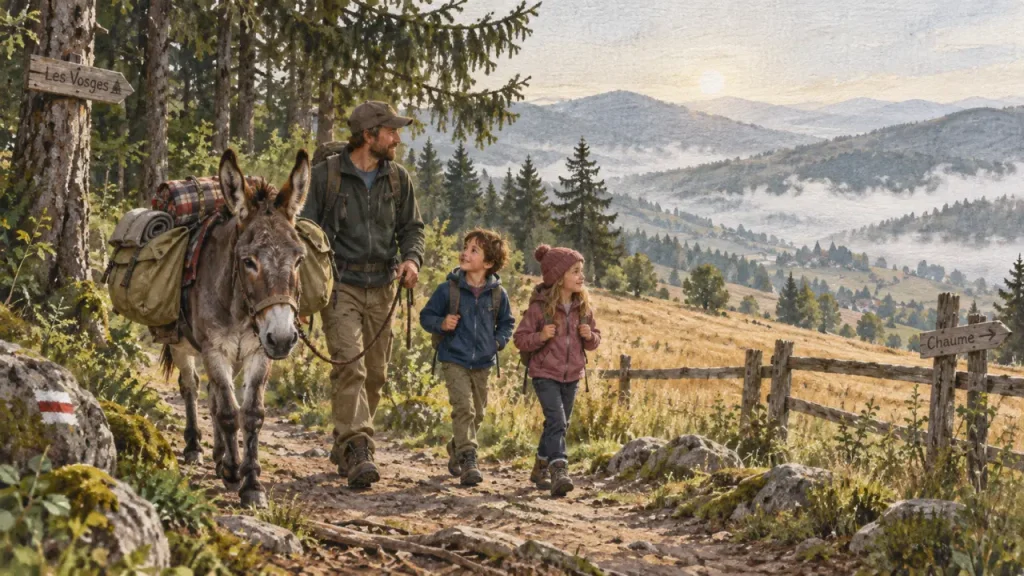 Randonnée ane vosges sur sentier en lisière de sapins, âne bâté et enfants