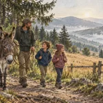 Randonnée ane vosges sur sentier en lisière de sapins, âne bâté et enfants