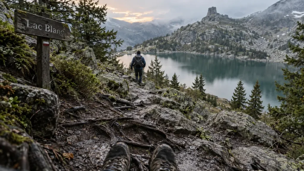 Randonnée autour du lac blanc Vosges : sentier humide vers le rocher Hans