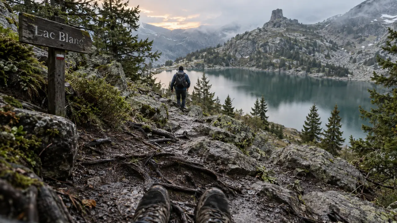Randonnée autour du lac blanc Vosges : sentier humide vers le rocher Hans