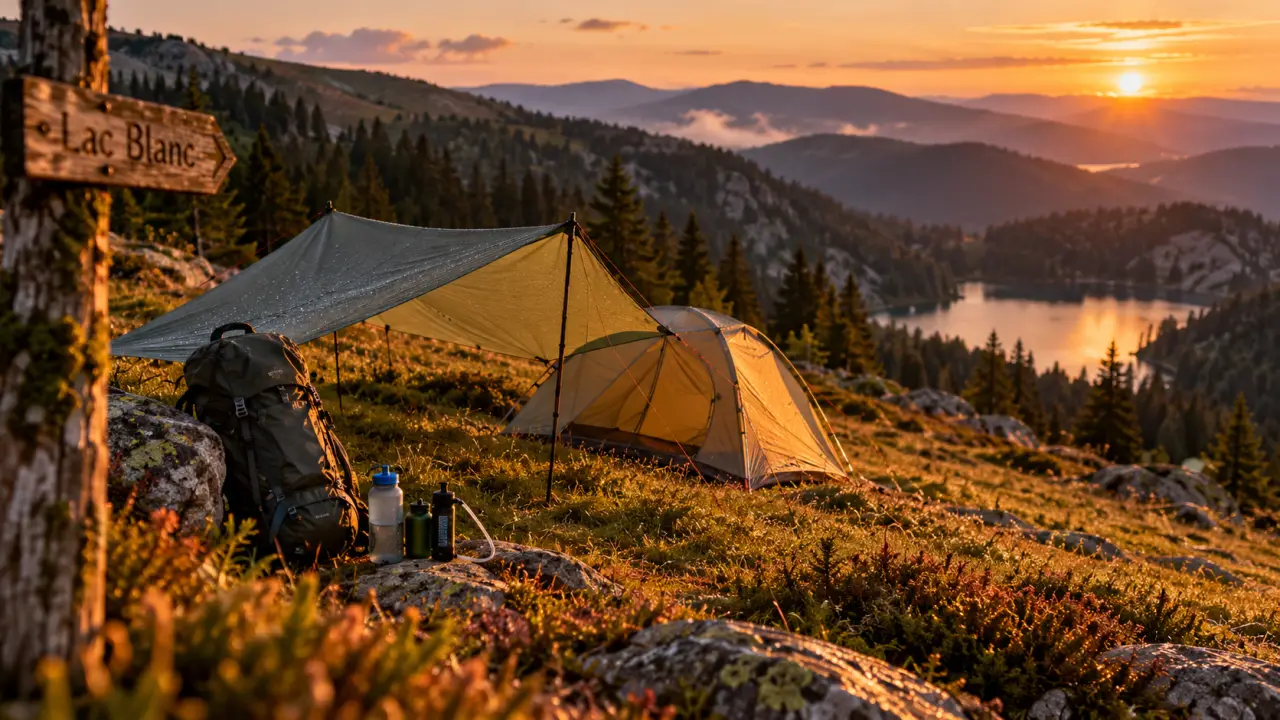 Randonnée bivouac 2 jours vosges : tente et tarp sur sentier vers le Lac Blanc