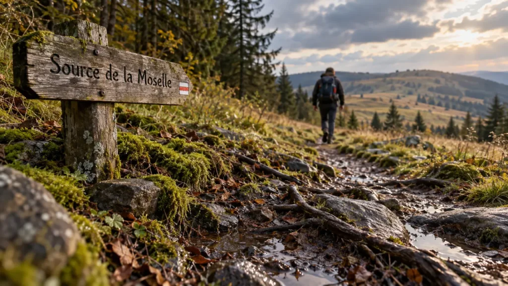 Randonnée bussang vosges vers la Source de la Moselle, sentier humide en Vosges