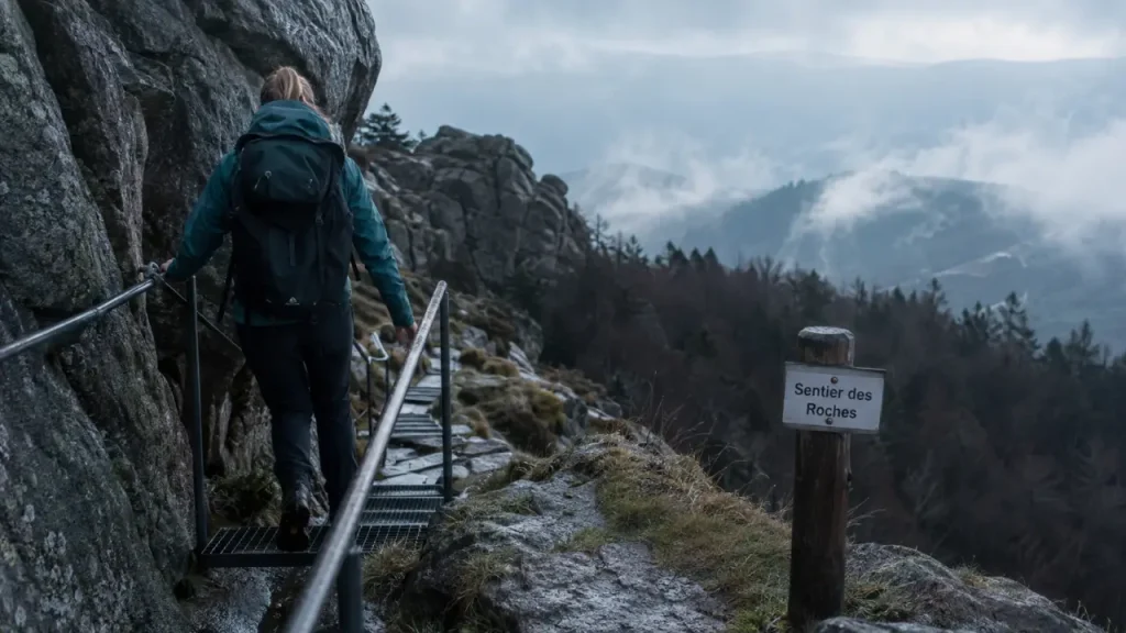 Randonnée des roches vosges : passage équipé sur le sentier près du Hohneck