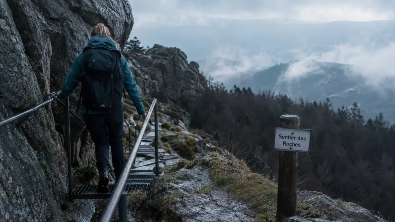 Randonnée des roches vosges : passage équipé sur le sentier près du Hohneck