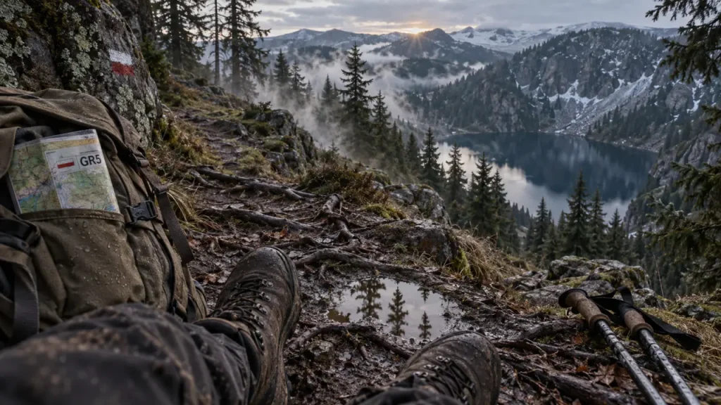 Randonnée haute vosges : sentier vers crêtes et lac glaciaire