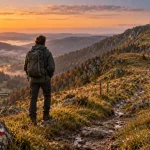 Randonnée itinérante vosges : randonneur sur crête vers le Hohneck au coucher du soleil