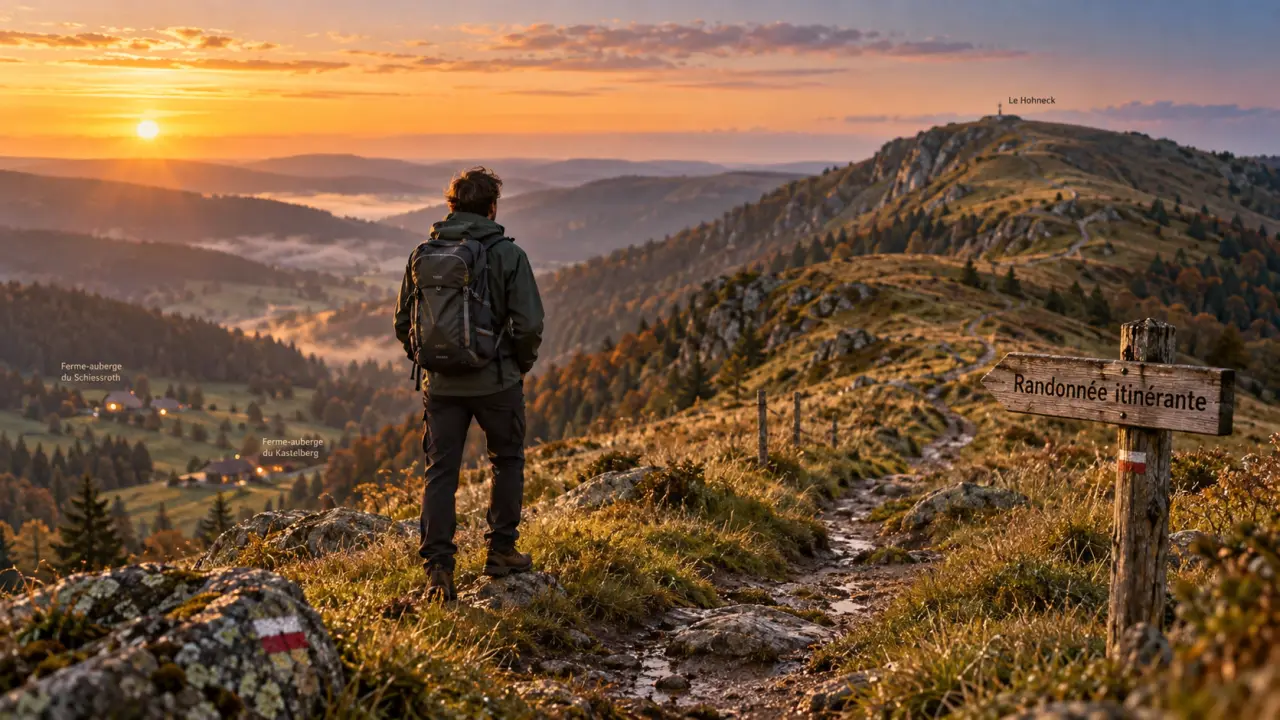 Randonnée itinérante vosges : randonneur sur crête vers le Hohneck au coucher du soleil