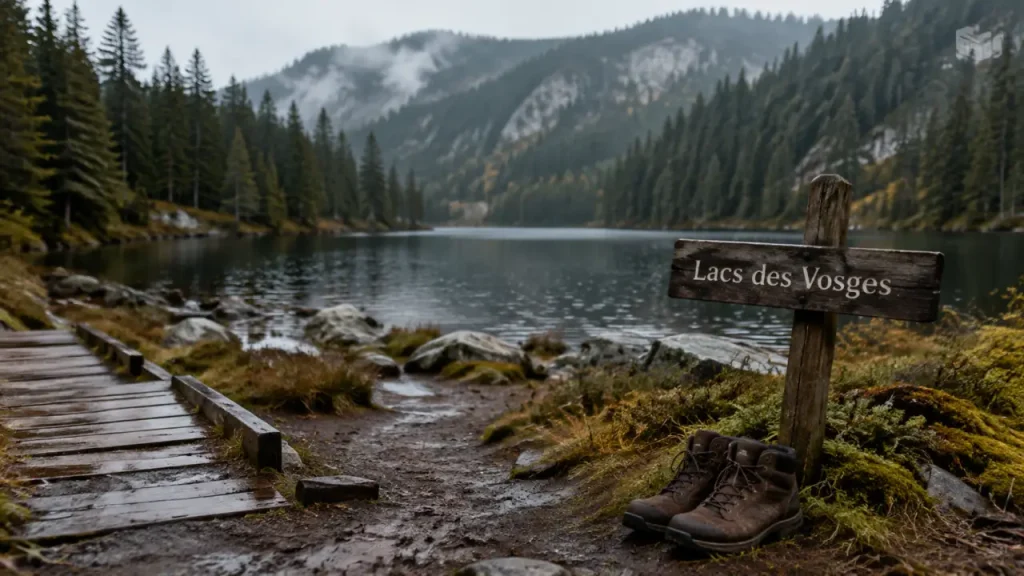 Randonnée lacs Vosges : sentier vers un lac vosgien bordé de sapins