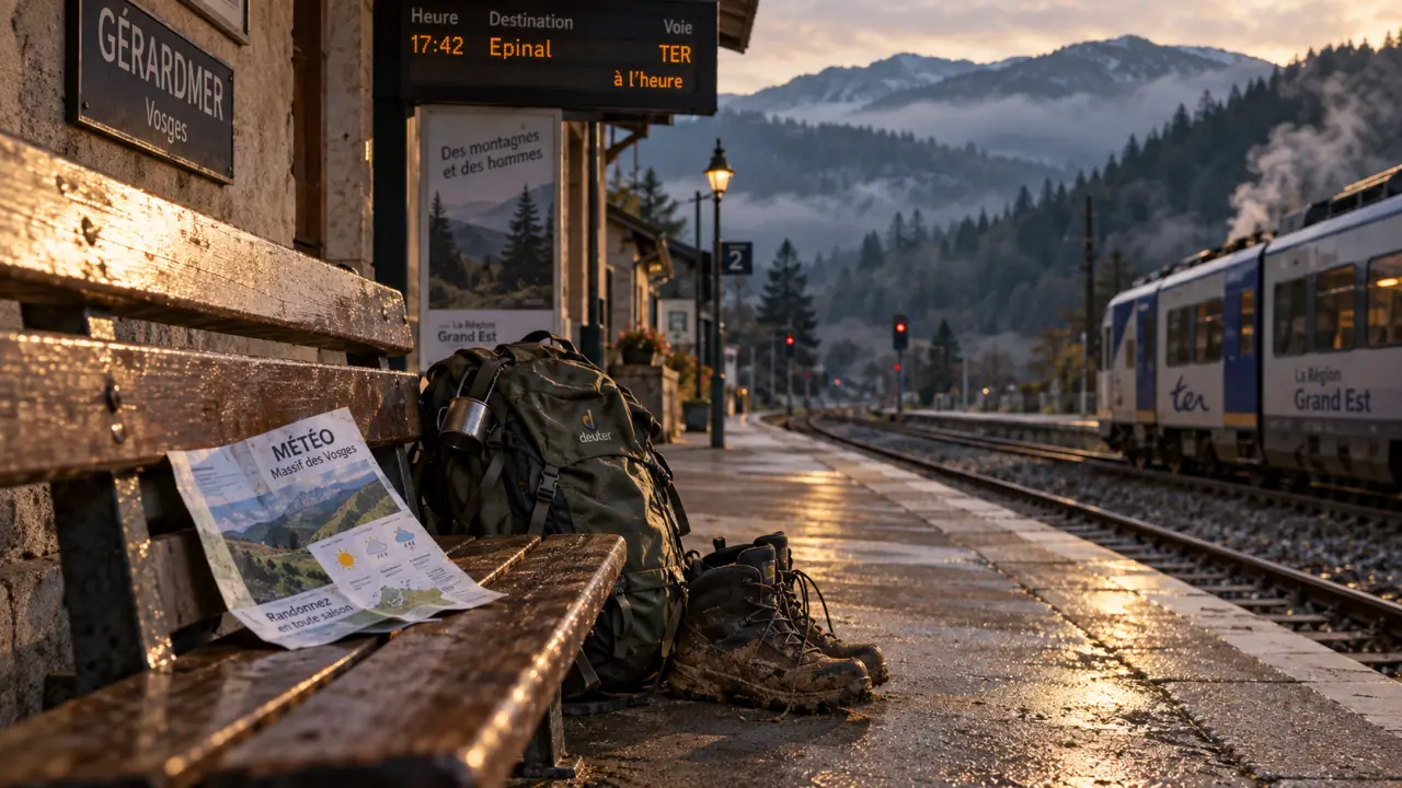 Randonnée Vosges accessible en train : quai TER, sac et chaussures de marche