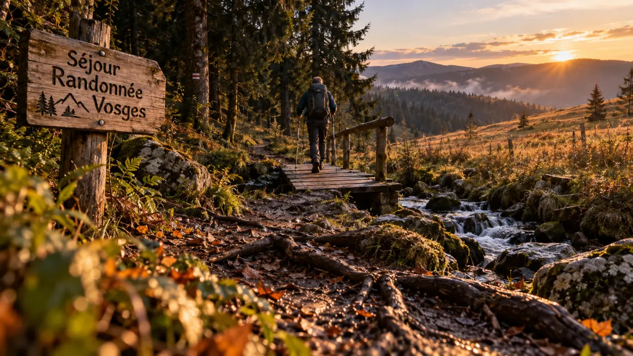 Séjours randonnée vosges : sentier vers crêtes et lacs, randonneur au golden hour