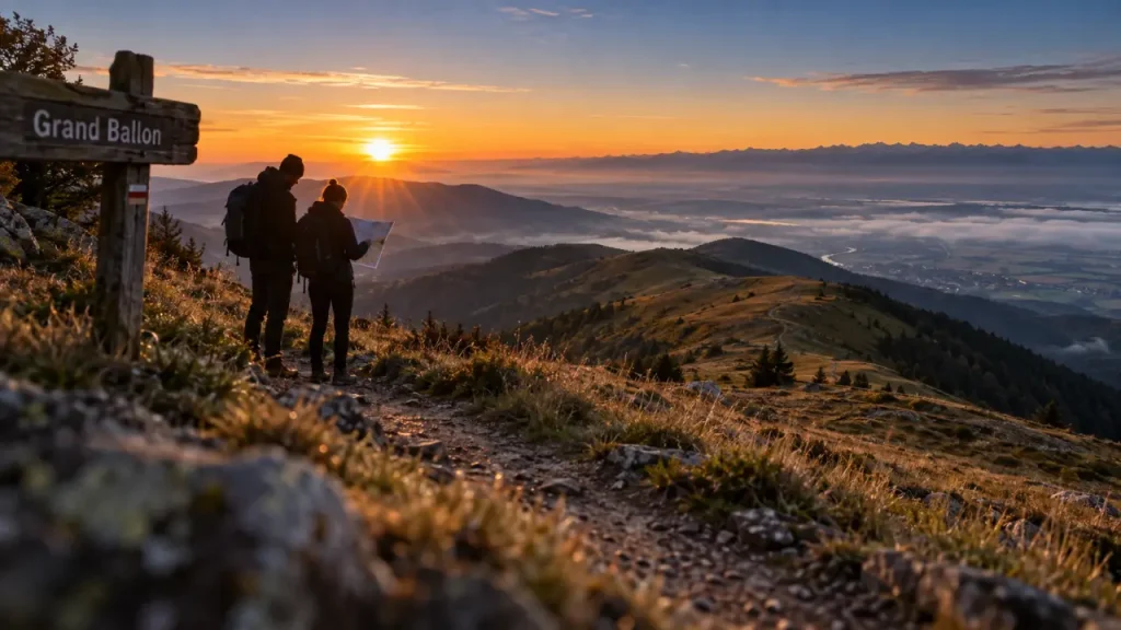 Sommet vosges : panorama du Grand Ballon au lever du soleil, brume Alsace