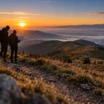 Sommet vosges : panorama du Grand Ballon au lever du soleil, brume Alsace