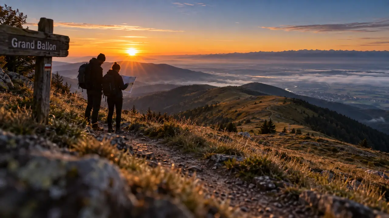 Sommet vosges : panorama du Grand Ballon au lever du soleil, brume Alsace