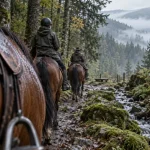 tourisme equestre vosges : cavaliers en forêt vosgienne avec cheval