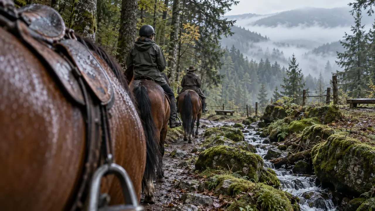 tourisme equestre vosges : cavaliers en forêt vosgienne avec cheval