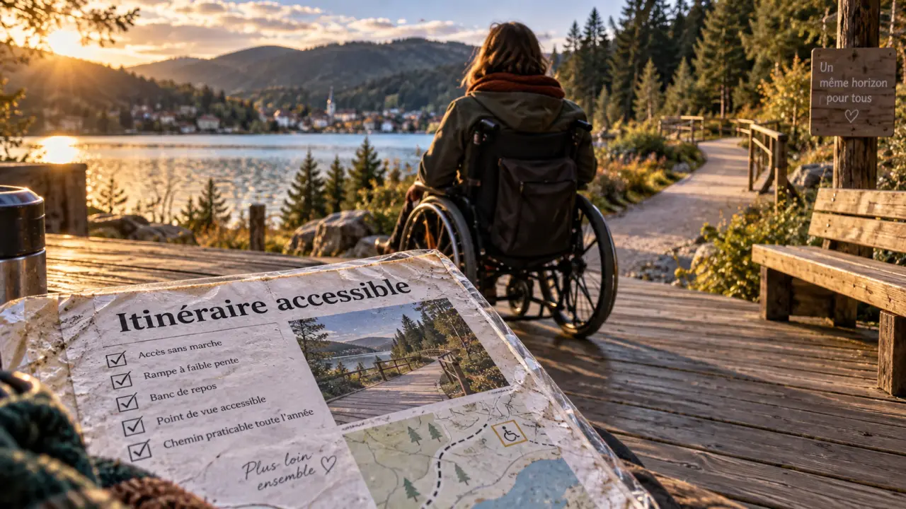 Tourisme et handicap Vosges : fauteuil roulant sur un itinéraire accessible près d’un lac