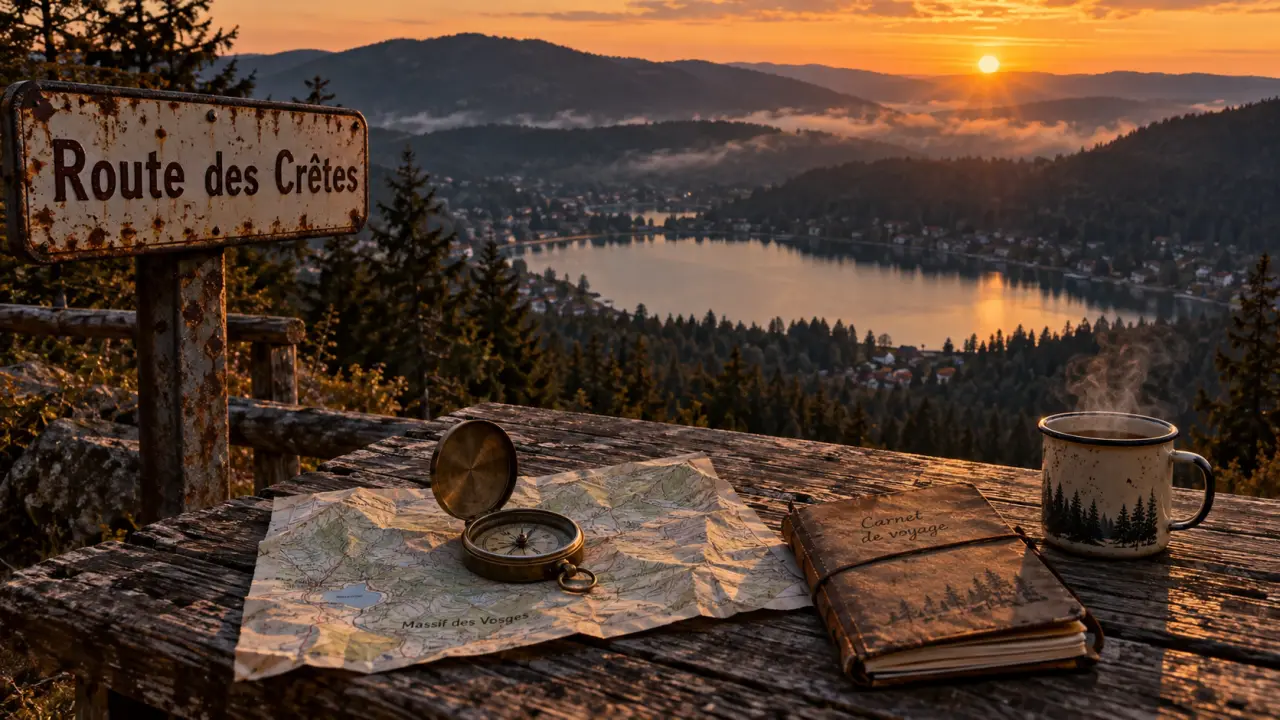 Tourisme haute vosges : lac et crêtes à l’heure dorée