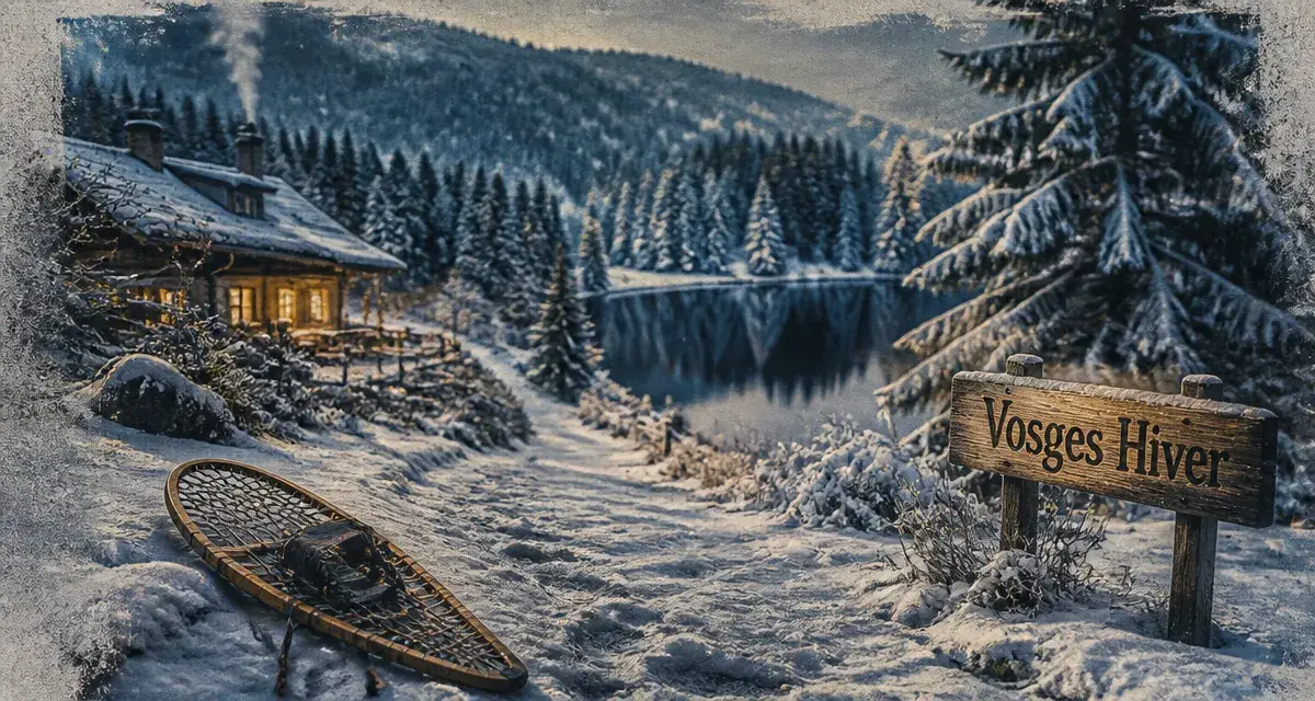 Tourisme vosges hiver : raquettes sur neige près du lac vosgien