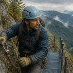 Via ferrata bussang : randonneur sur passerelle, ligne de vie