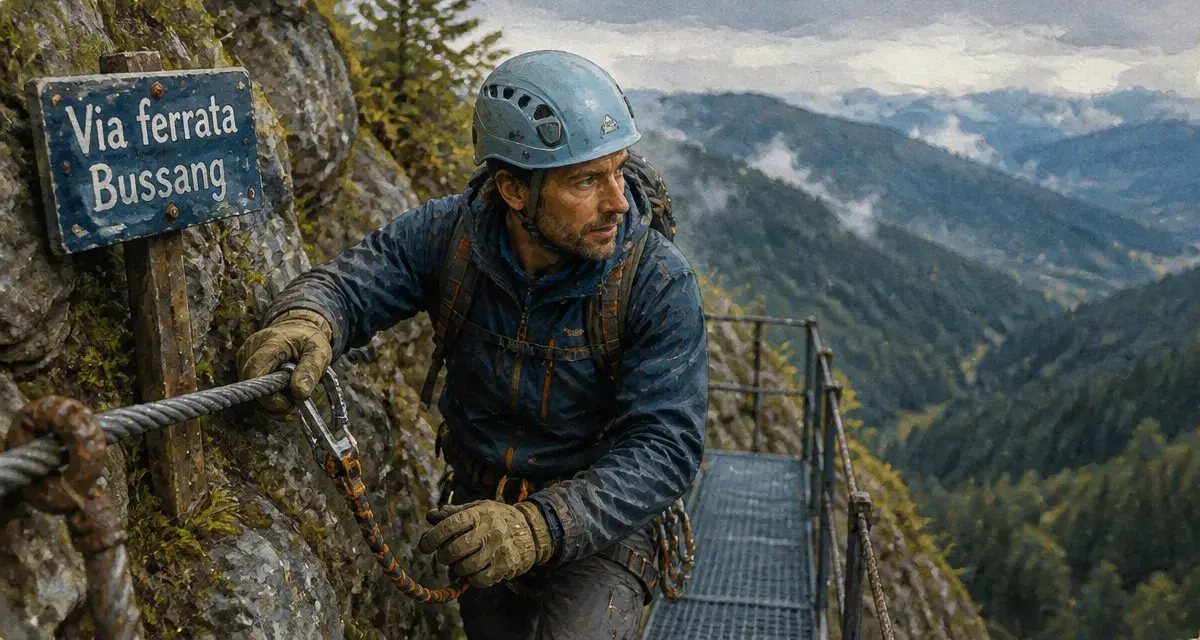 Via ferrata bussang : randonneur sur passerelle, ligne de vie