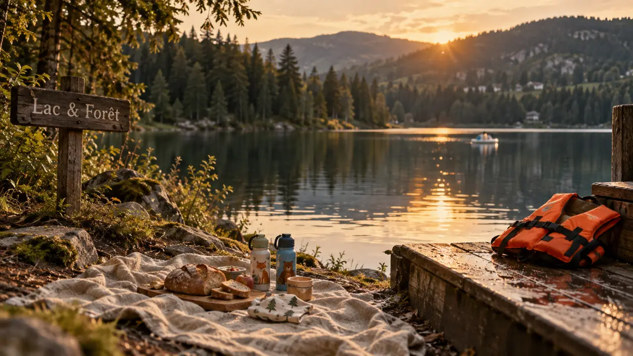 Visiter les Vosges en famille : pique-nique au lac vosgien, serviette et sapins