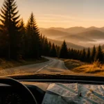 Visiter les Vosges en voiture : route des crêtes, pare-brise et sapins au golden hour