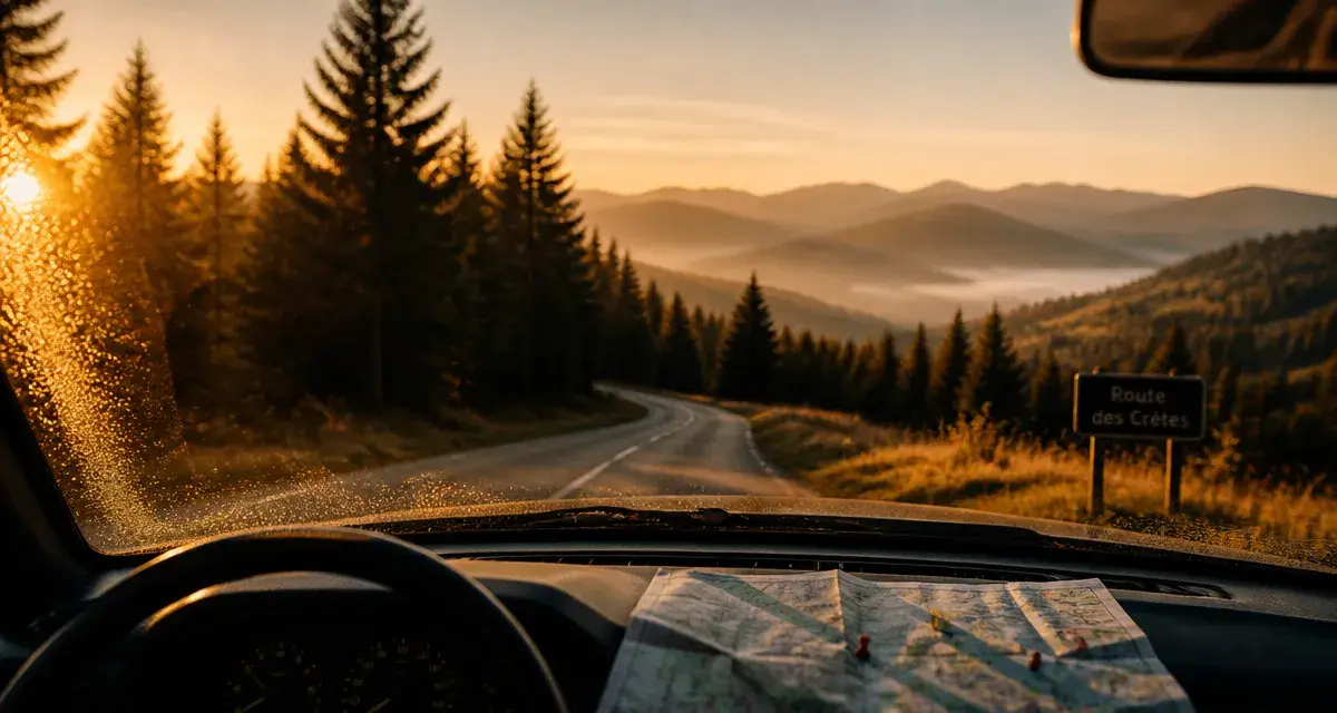 Visiter les Vosges en voiture : route des crêtes, pare-brise et sapins au golden hour