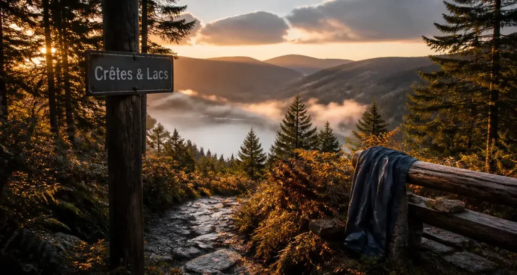 Vosges montagne tourisme : lac d’altitude brumeux et crêtes au golden hour