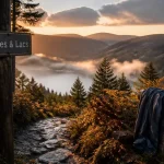 Vosges montagne tourisme : lac d’altitude brumeux et crêtes au golden hour