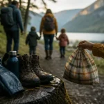 Vosges tourisme famille : enfants en randonnée au lac, chaussures boueuses et pique-nique