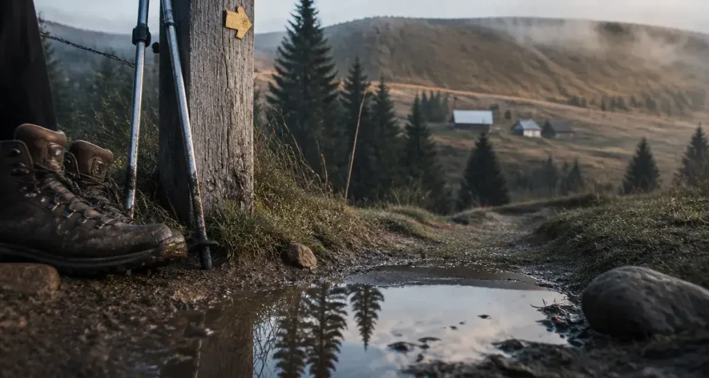 Vosges tourisme randonnée : chaussures dans la boue près d’une flèche sur la crête